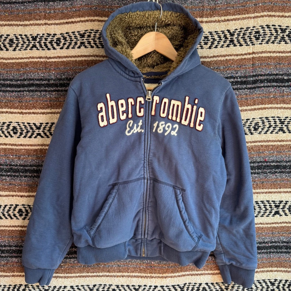 VTG Abercrombie & Fitch Hooded Jacket Large Blue Faux Fur Lined Y2K
